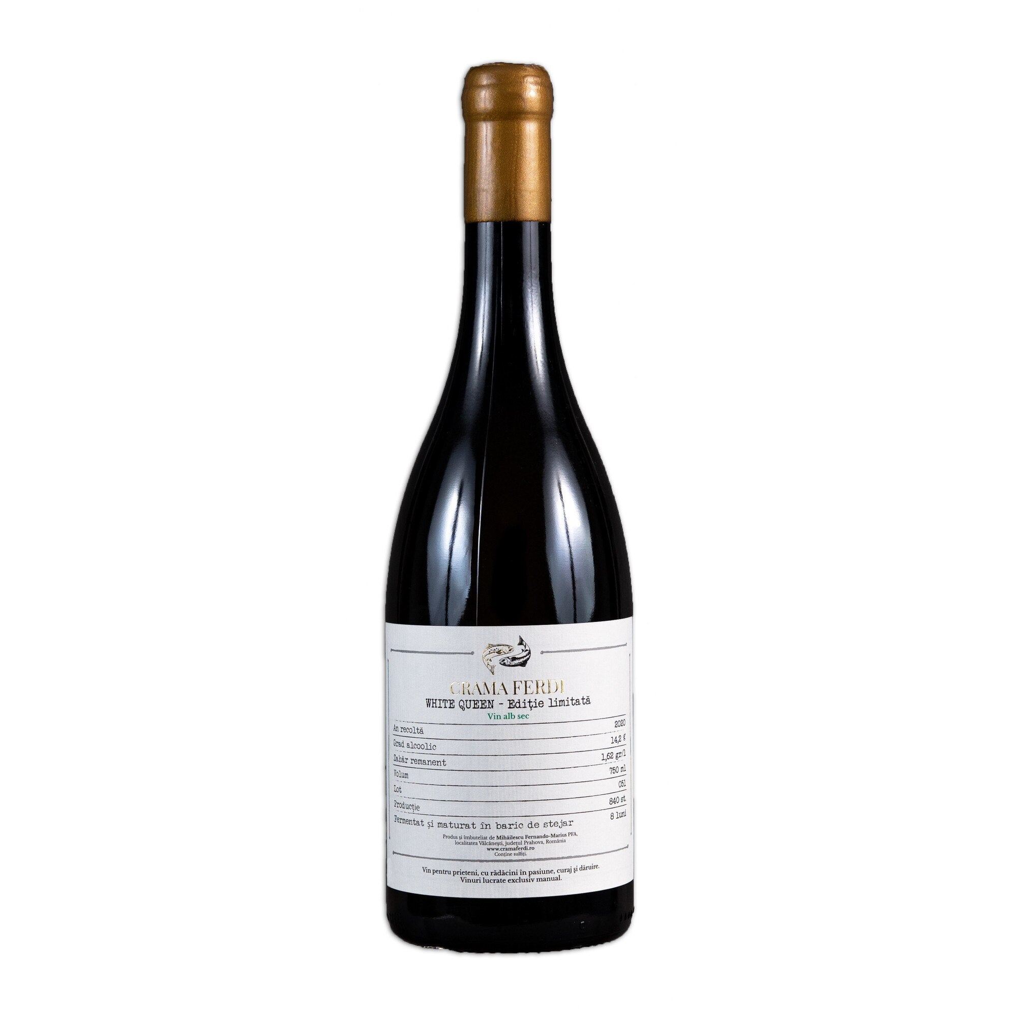 White Queen 0.75L – Chardonnay din Dealu Mare (Tohani), baric nou ~8 luni, batonaj zilnic, alb sec